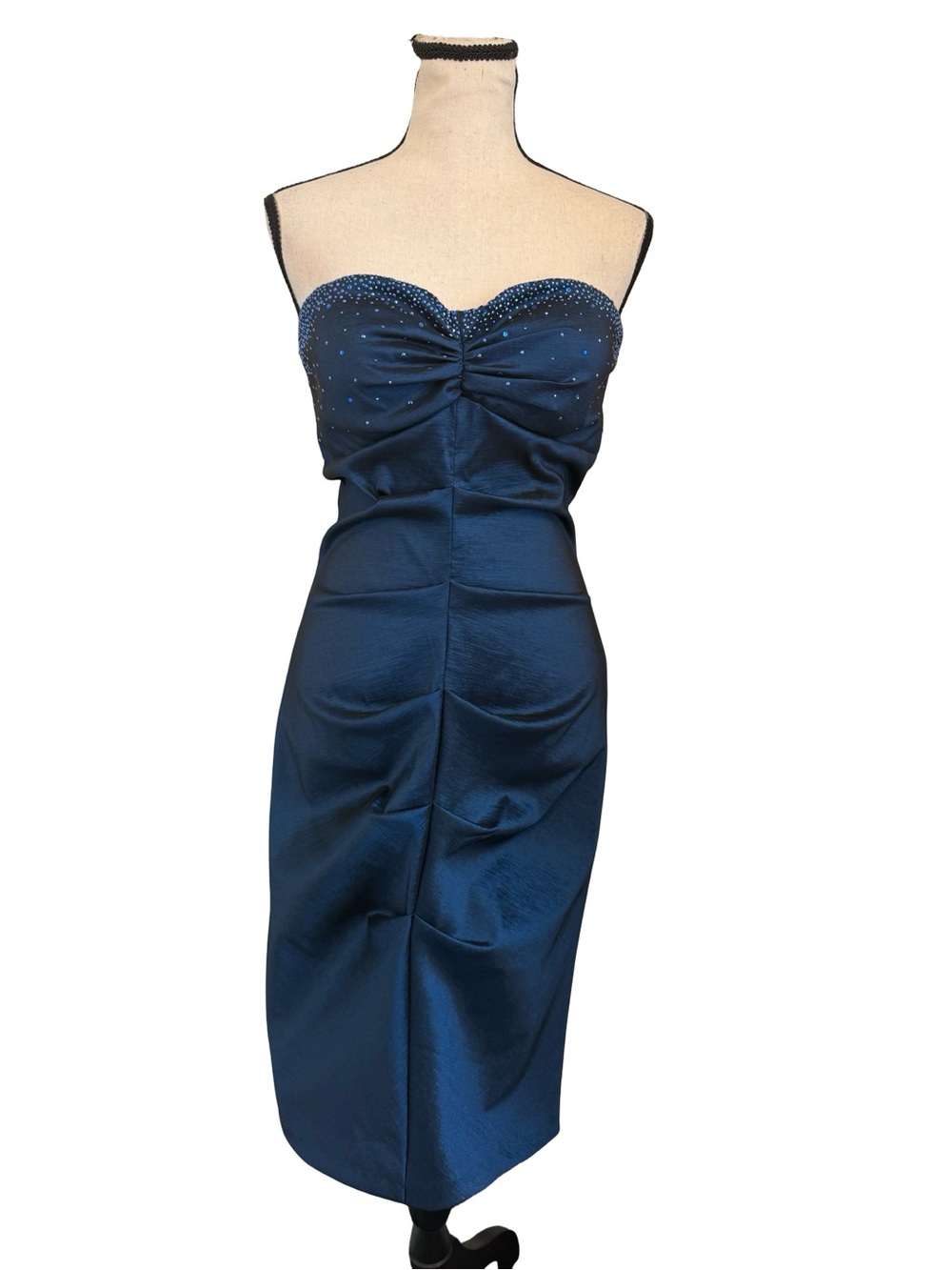 Xscape by Joanna Chen Navy Blue Strapless Sequin Midi Dress Ruched Cocktail Sz10